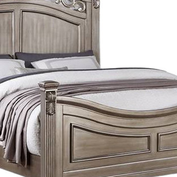 Aza Traditional Wood Queen Size Bed, Leaf Carvings, Champagne Gold Finish