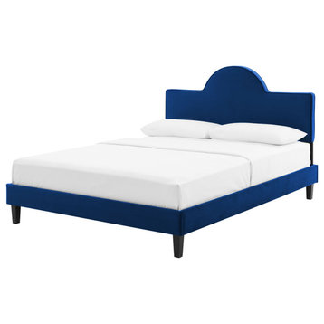 Platform Bed Frame, King Size, Blue Navy, Velvet, Modern, Bedroom Guest Suite