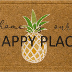 Mohawk Home - Mohawk Home Pineapple Happy Home Natural 1' 6" x 2' 6" Door Mat - There's no place like home and the fruity themed style of the Mohawk Home Pineapple Happy Home Doormat knows it! The synthetic fibers have excellent scraping and wiping properties to help scrape dirt, debris, and absorb water from the bottom of shoes before it is tracked indoors. The durable faux coir does not shed and offers long lasting functionality year after year. Low-profile height offers ideal functionality for high traffic areas and in entryways as it will not obstruct doors from opening or closing. This doormat offers low maintenance upkeep - simply vacuum, shake out, or sweep off debris, spot clean with a solution of mild detergent and water. Do not bleach. Air dry. Dry flat.