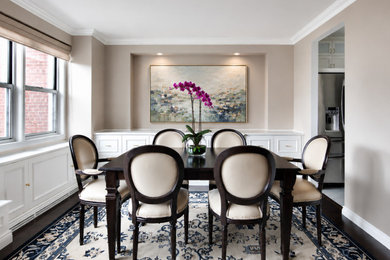 Kitchen/dining room combo - large traditional dark wood floor kitchen/dining room combo idea with gray walls