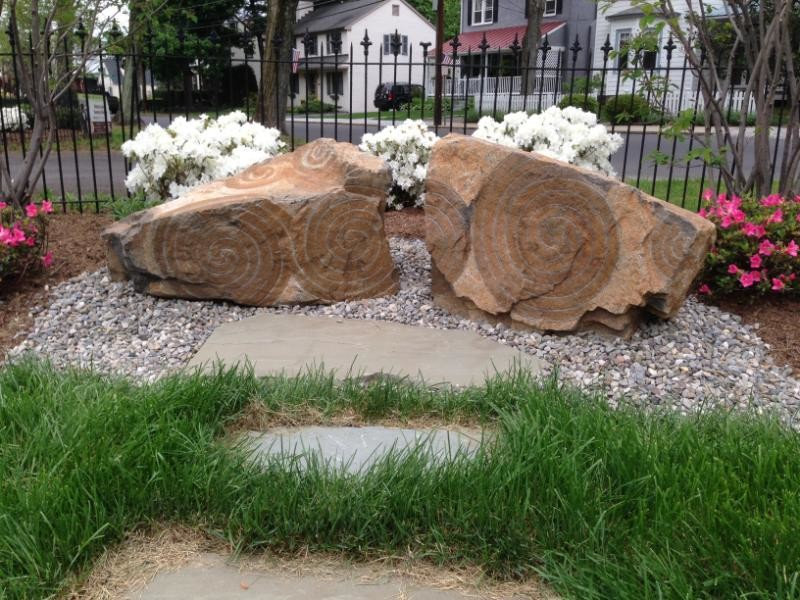 Historic Doylestown Cemetery-Artisan stone benches with celtic symbols in Memor