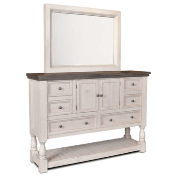 Rustic French Dresser And Mirror Set, 6 Drawer, 2 Storage Cabinets