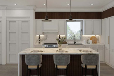 Example of a mid-sized l-shaped kitchen design in Toronto with a single-bowl sink, shaker cabinets, quartzite countertops, white backsplash, quartz backsplash, paneled appliances, an island and white countertops