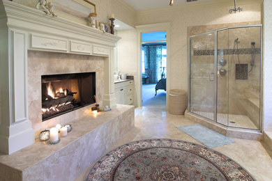Example of a large classic master marble floor corner shower design in Orange County with beige walls, raised-panel cabinets, white cabinets, an undermount sink and quartz countertops