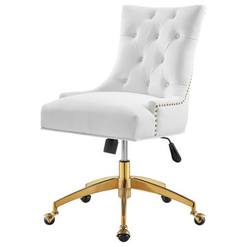Computer Work Desk Tufted Chair, Velvet, Gold White, Home Business Office
