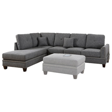 Polyfiber 2 Piece Sectional Set With Nail Head Trims, Gray