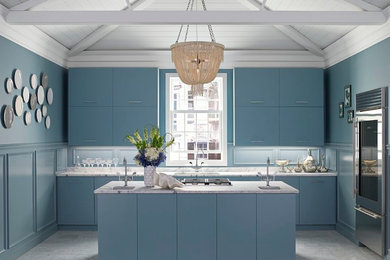 Example of a large transitional single-wall ceramic tile enclosed kitchen design in Philadelphia with a single-bowl sink, flat-panel cabinets, blue cabinets, granite countertops, stainless steel appliances and an island
