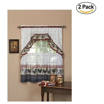 Rooster Set of 2 Tiers Curtain and Swag Set, Burgundy, 36"