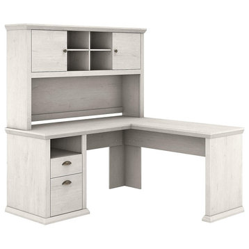 L Shaped Desk, Tall Hutch With 4 Open Compartments and 2 Cabinets, White Oak