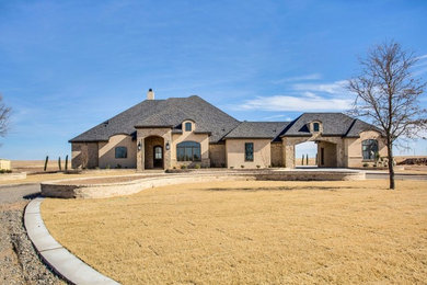 Mid-sized transitional beige two-story mixed siding house exterior idea in Austin with a hip roof and a shingle roof