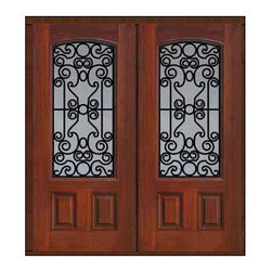Prehung Double Door 80 Fiberglass Genoa 2 Panel Arch Lite GBG Glass - Front Doors
