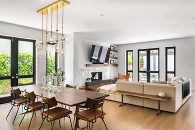 Great room - large modern medium tone wood floor and beige floor great room idea in Los Angeles with white walls, a standard fireplace and a stone fireplace