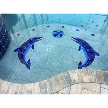 Facing Dolphins Ceramic Swimming Pool Mosaic 20"x9", Grey