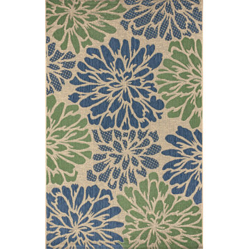 Zinnia Modern Floral Textured Weave Indoor/Outdoor, Navy/Green, 5x8