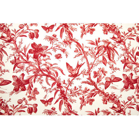 Red Toile Fabric Bird Butterfly Passion Flowers, Standard Cut