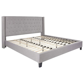 Transitional Bed Frame, Light Gray Polyester Fabric & Tufted Headboard, King