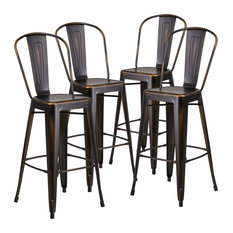 30" High Distressed Copper Metal Indoor Barstools With Back, Set of 4