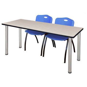 66" x 24" Kee Training Table- Maple/ Chrome & 2 'M' Stack Chairs- Blue