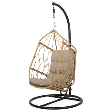 Outdoor Hanging Chair, Black Support With Light Brown Rattan Frame & Tan Cushion