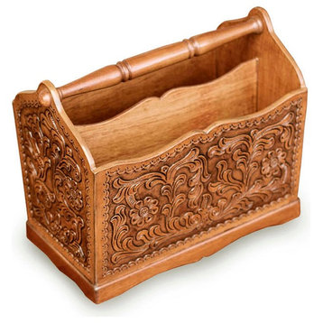 Colonial Iquilla Flower Tornillo Wood and Leather Magazine Rack