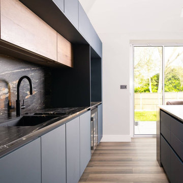 Blue and Oak Handleless Kitchen in Northwood