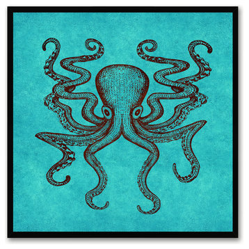 Octopus Animal Aqua Print on Canvas with Picture Frame, 15"x15"