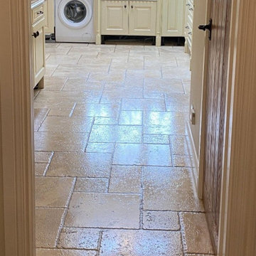 Dirty Travertine Kitchen Floor Tiles Renovated in Gidea Park Romford