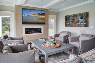 Photo of a mid-sized contemporary open concept living room in Other with grey walls, a wall-mounted tv, dark hardwood floors, a ribbon fireplace, a tile fireplace surround and brown floor.