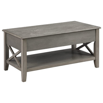 Farmhouse Coffee Table, X-Shaped Sides With Open Shelf and Lift Top, Grey