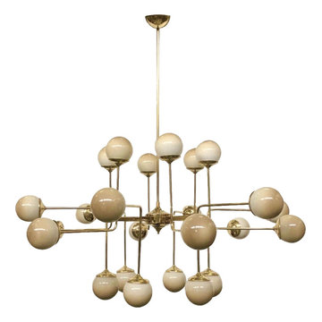 Italian Modern 24-Light Brass & Smoked Ivory Gold Murano Glass Round Chandelier