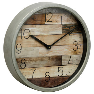 Round Framed Faux Plank Wood Wall Clock With Glass Front, Semi-Gloss Gray