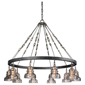 Menlo Park, 10 Light Chandelier, Old Silver Finish, Historic Pressed Clear Glass