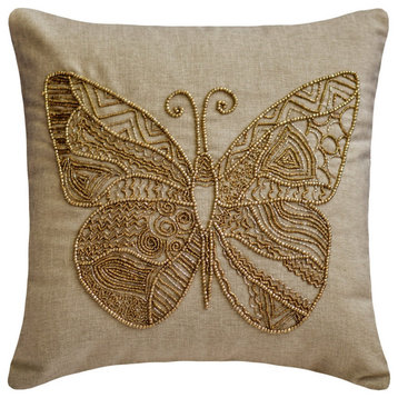 Beige Linen Butterfly & Beaded 14"x14" Throw Pillow Cover - Chrysallis