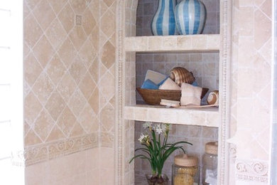 Example of a large classic master beige tile and stone tile beige floor bathroom design in Atlanta with beige walls