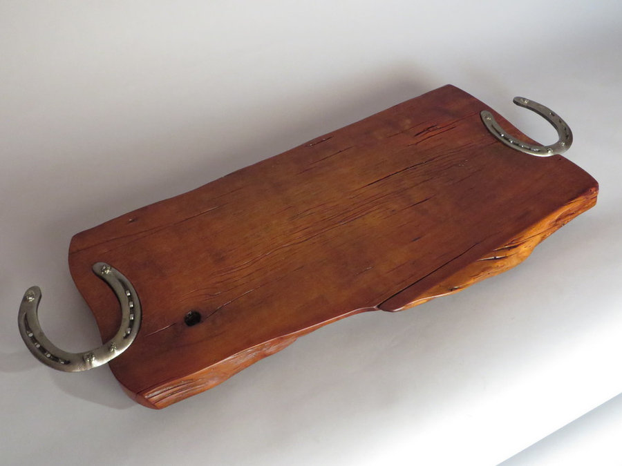 Tray #18013 Reclaimed Cherry, Natural Edges, Horse Shoe Handles