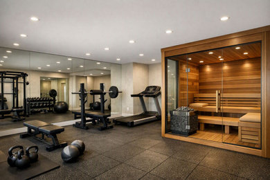Large minimalist black floor home gym photo in San Francisco with white walls