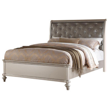 Benzara BM168437 Opulent Wooden E.King Bed With Silver HB, Silver Finish
