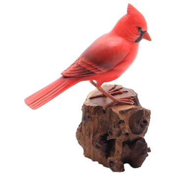 Novica Handmade Perched Virginia Cardinal Wood Sculpture