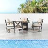 5 Piece Patio Bistro Set, Metal Frame, Cushioned Chairs & Fire Pit, Square Table