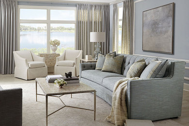 Mid-sized beach style formal and open concept carpeted and gray floor living room photo in New York with gray walls, no fireplace and no tv
