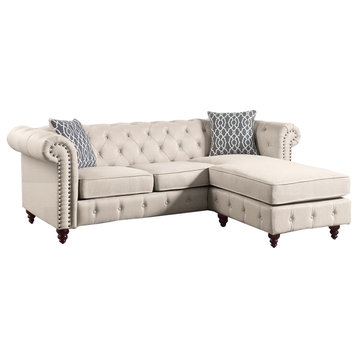 Benzara BM251170 Reversible Sectional Sofa, Button Tufting & Rolled Arms, Beige