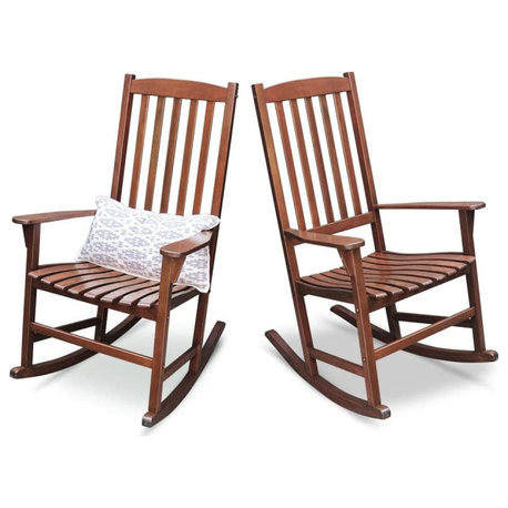 2 Pack Patio Rocking Chair, Mahogany Wood Frame and Slatted Seat, Natural Brown