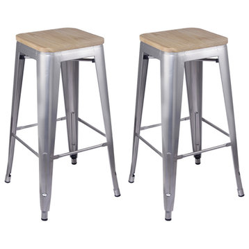 Metal Backless Silver Bar Stools With Light Wooden Seat, Set of 2