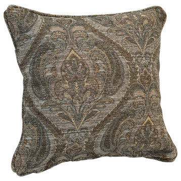 18" Double-Corded Patterned Jacquard Chenille Square Throw Pillow, Gray Damask