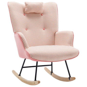 TATEUS 35" Soft Houndstooth Rocking Chair With Solid Wood Base, Pink