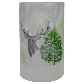 10" Deer  Pine & Snowflakes Hand Painted Flameless Glass Christmas Candle Holder