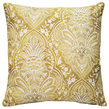 Leone Damask Dijon Yellow Throw Pillow 21x21, with Polyfill Insert