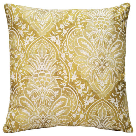 Leone Damask Dijon Yellow Throw Pillow 21x21, with Polyfill Insert