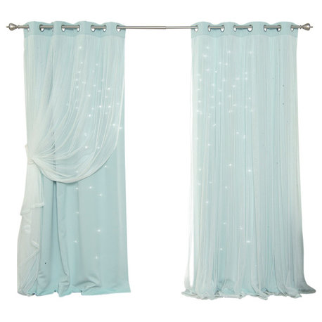 Tulle Overlay Star Cut Out Blackout Curtains, Mint, 52" W X 84" L