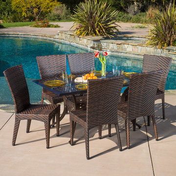 Contemporary Outdoor Patio Ft. 7pcs Cast Aluminum Wicker Dining Set